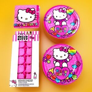 Hello Kitty Rainbow Party BUNDLE Plates,Napkins(16) & Ice Cube Tray Sanrio Pink